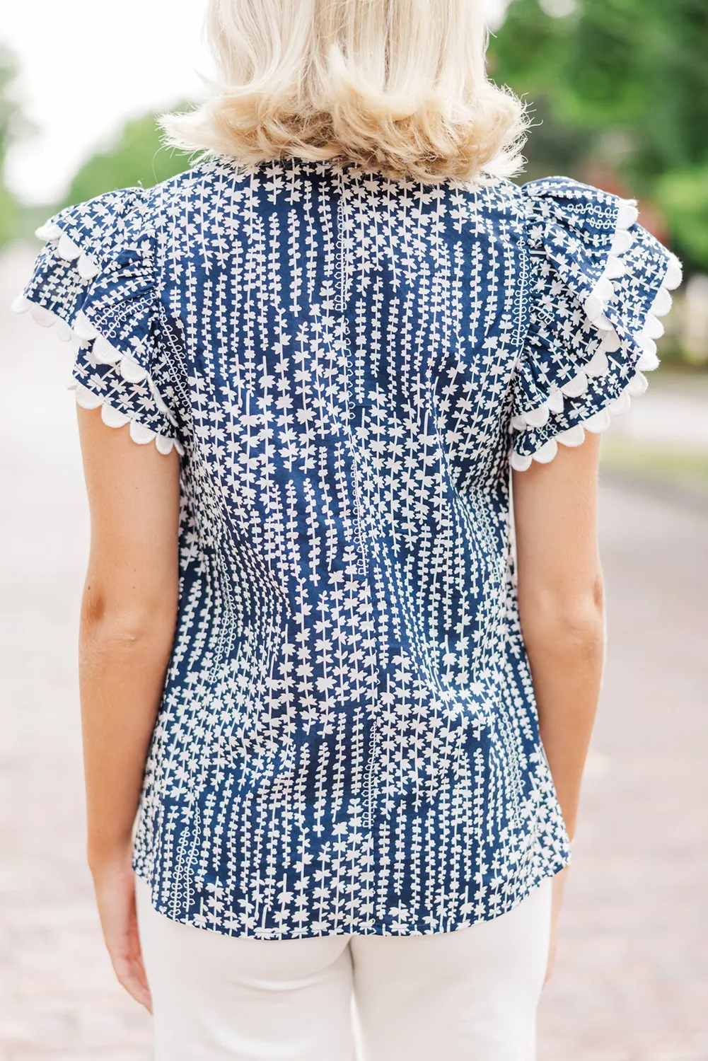 Sky Blue Abstract Print Ric Rac Trim Flutter Sleeve Notch V Neck Blouse sold by Beagle Boutique product image thumbnail 2