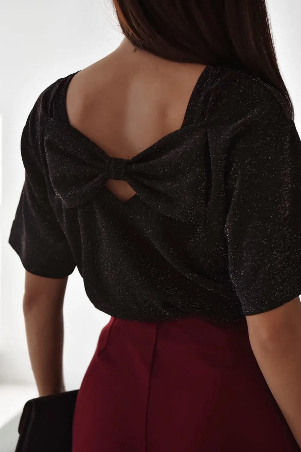 Black Bow Decor Glittery Short Sleeve Top sold by Beagle Boutique