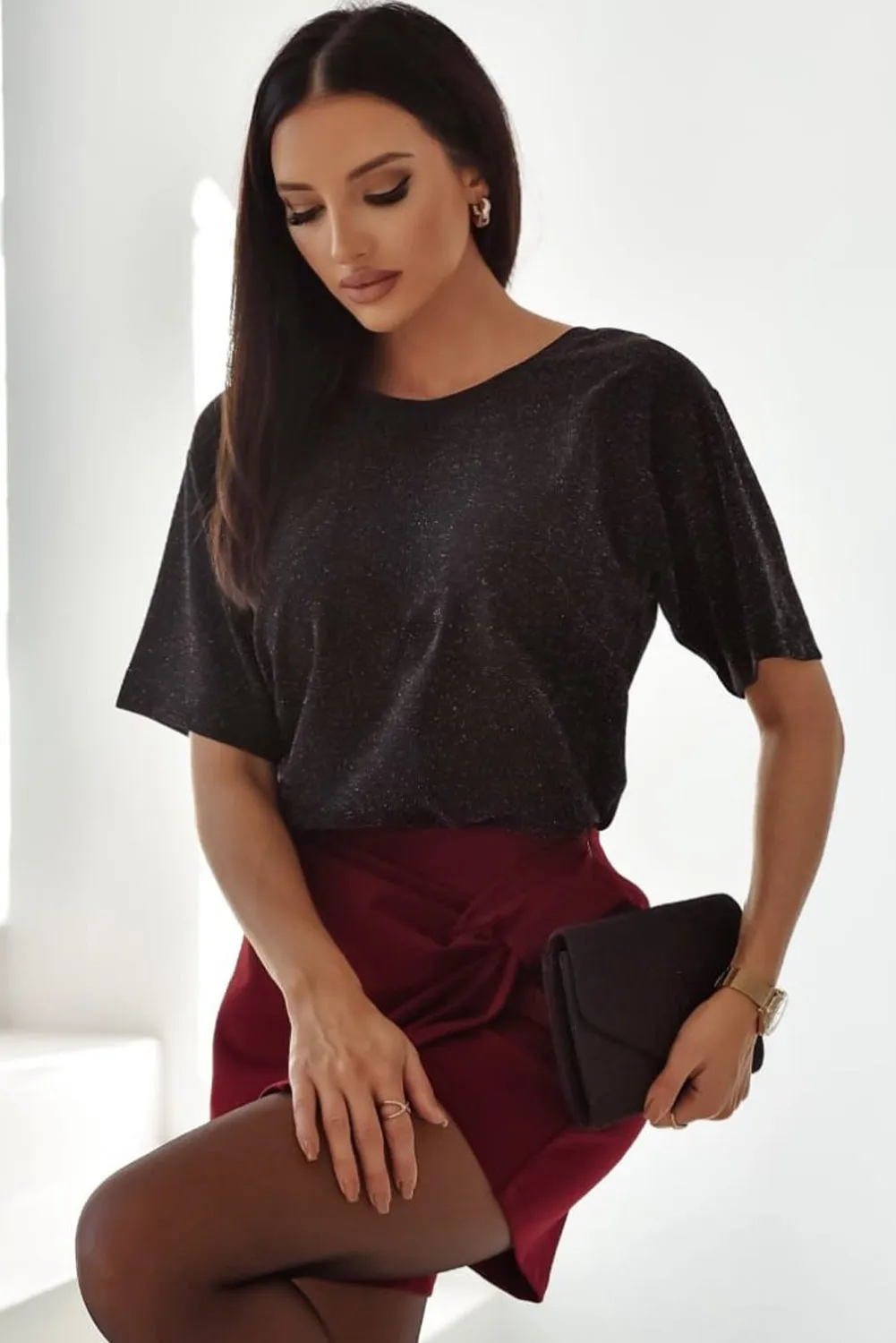 Black Bow Decor Glittery Short Sleeve Top sold by Beagle Boutique product image thumbnail 3