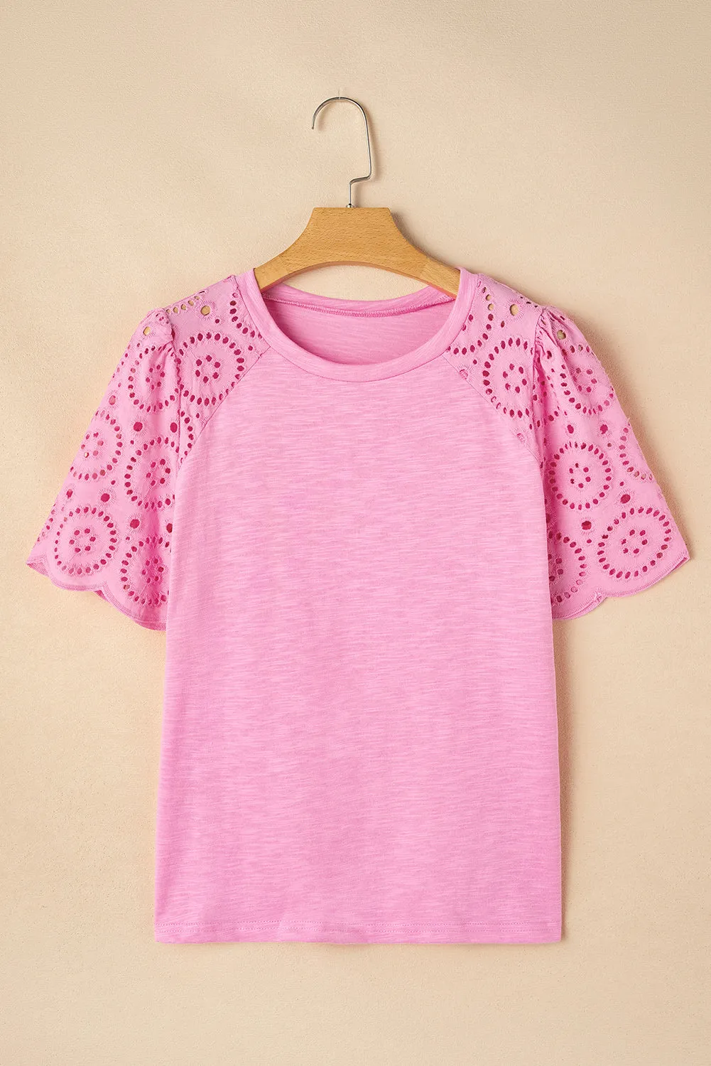 Pink Eyelet Embroidery Scalloped Sleeve Round Neck T Shirt sold by Beagle Boutique product image thumbnail 5