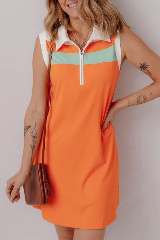 Russet Orange Colorblock Sleeveless Quarter Zip Collared Athletic Mini Dress sold by Beagle Boutique