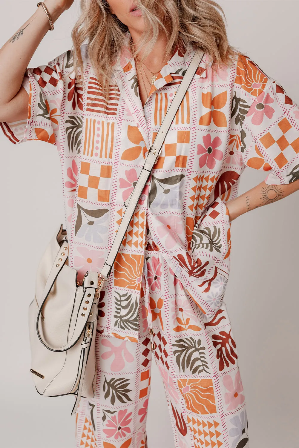 Orange Plant Checkered Print Collared Shirt and Wide Leg Trousers Set sold by Beagle Boutique product image thumbnail 4