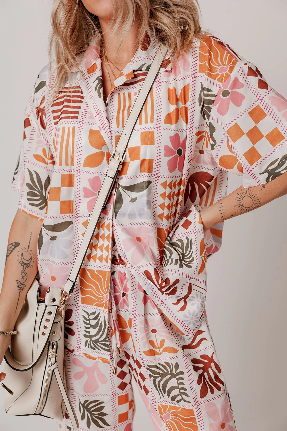 Orange Plant Checkered Print Collared Shirt and Wide Leg Trousers Set sold by Beagle Boutique product image thumbnail 3