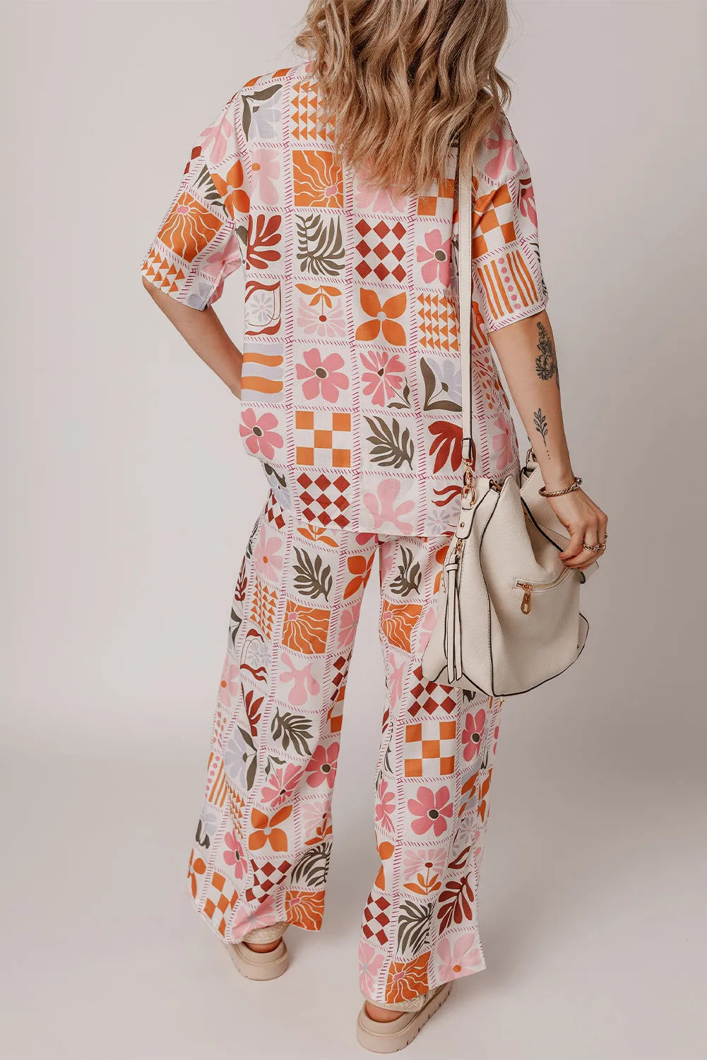 Orange Plant Checkered Print Collared Shirt and Wide Leg Trousers Set sold by Beagle Boutique product image thumbnail 2