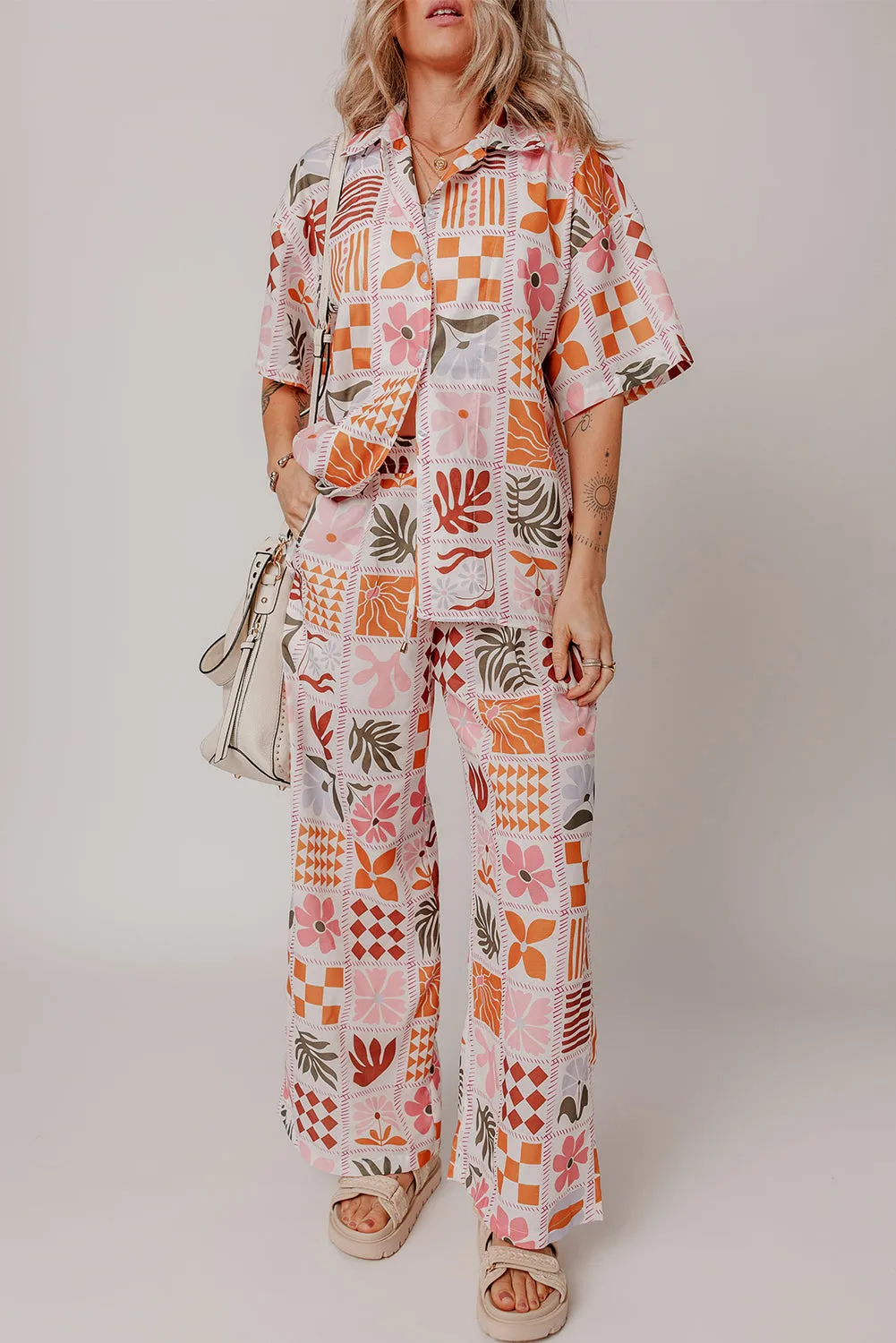 Orange Plant Checkered Print Collared Shirt and Wide Leg Trousers Set sold by Beagle Boutique product image thumbnail 5
