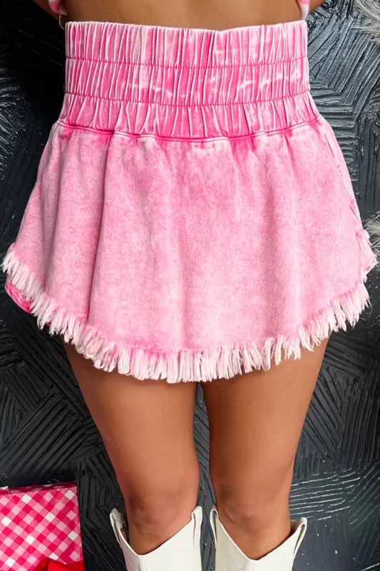 Pink Washed Wide Smocked Waistband Frayed Denim Shorts sold by Beagle Boutique