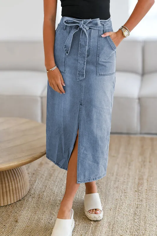 Dusk Blue Light Wash Belted High Waist Midi Denim Skirt sold by Beagle Boutique