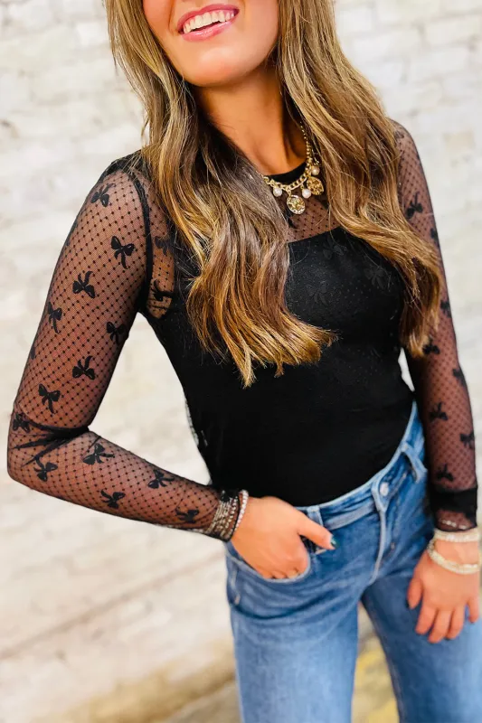 Black Bow Pattern Accent Mesh Long Sleeve Top sold by Beagle Boutique