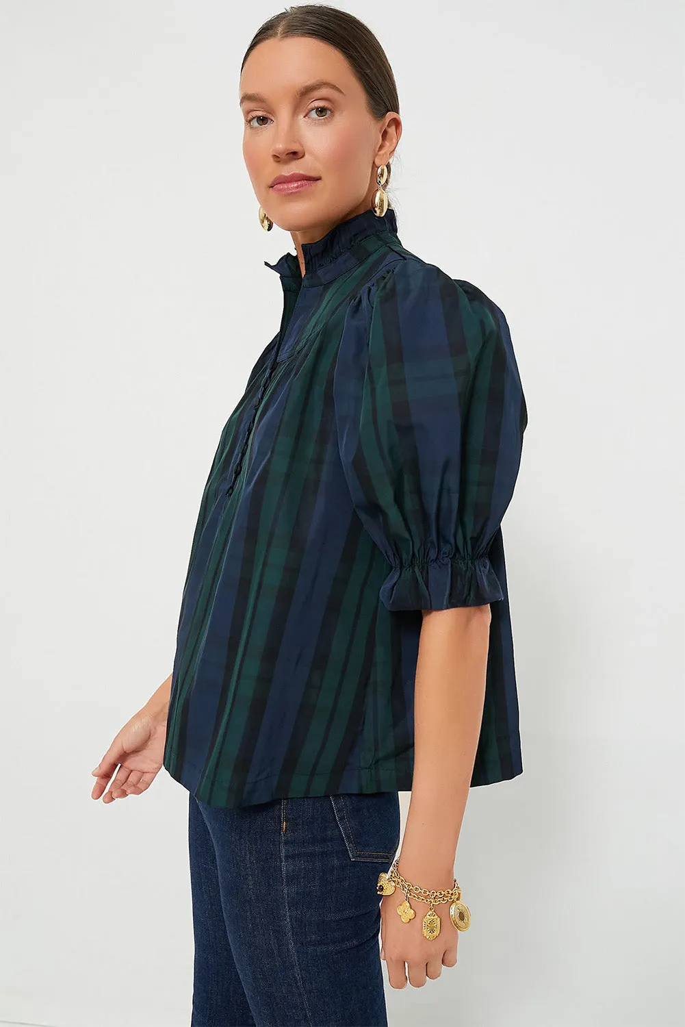 Green Stripe Plaid Puff Sleeve Frilled Trim Elegant Blouse sold by Beagle Boutique product image thumbnail 3