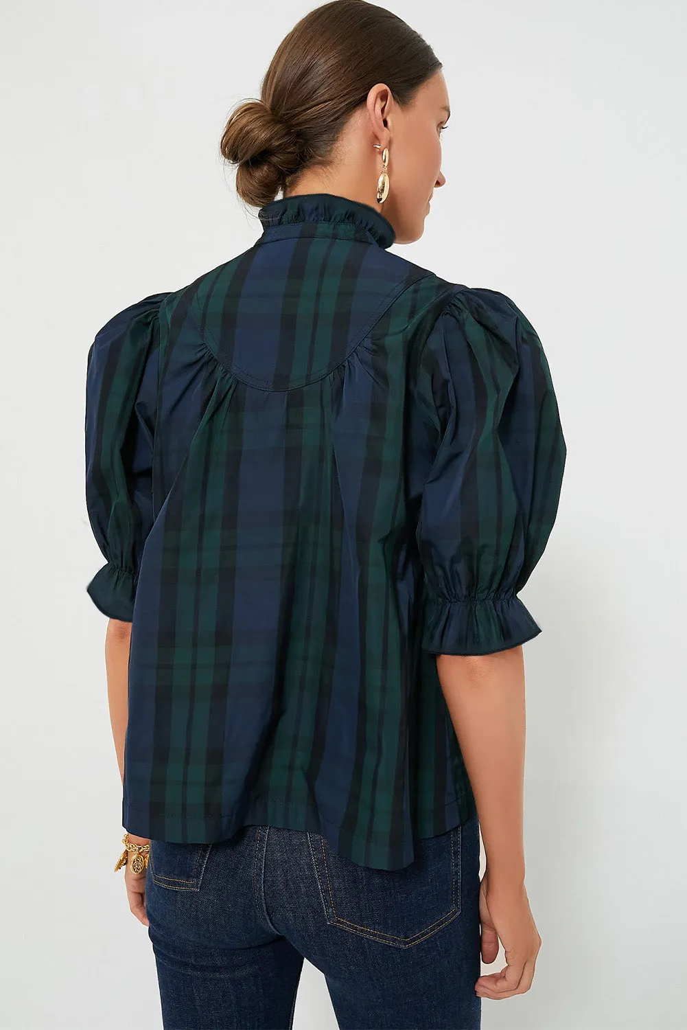 Green Stripe Plaid Puff Sleeve Frilled Trim Elegant Blouse sold by Beagle Boutique product image thumbnail 2