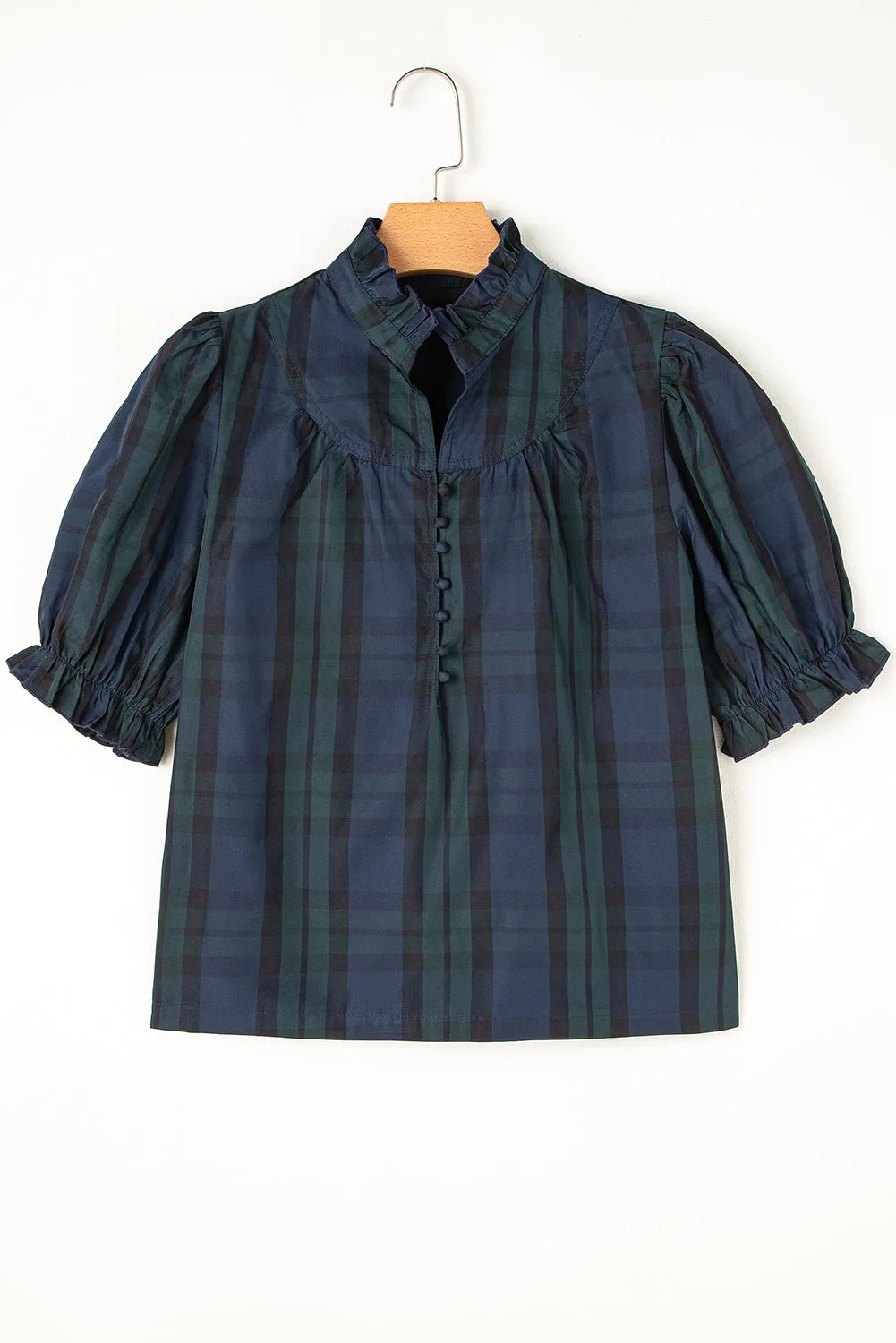 Green Stripe Plaid Puff Sleeve Frilled Trim Elegant Blouse sold by Beagle Boutique product image thumbnail 5