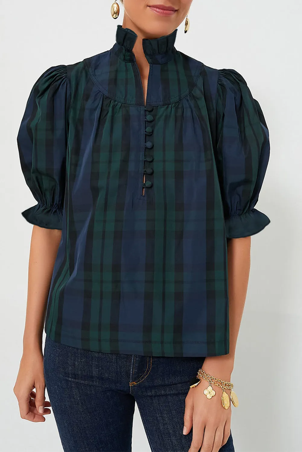 Green Stripe Plaid Puff Sleeve Frilled Trim Elegant Blouse sold by Beagle Boutique