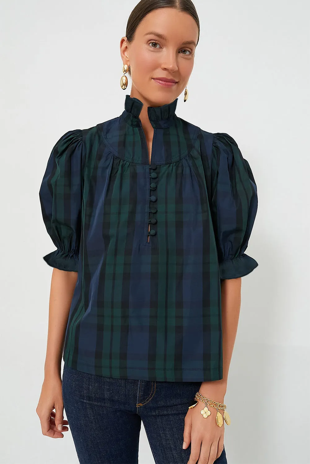 Green Stripe Plaid Puff Sleeve Frilled Trim Elegant Blouse sold by Beagle Boutique product image thumbnail 4
