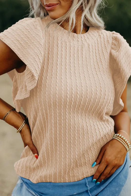 Beige Solid Colour Textured Flutter Sleeve Top sold by Beagle Boutique