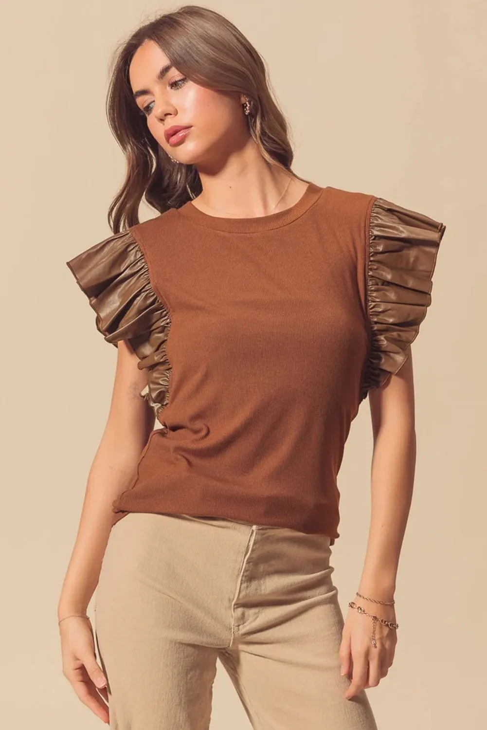 Cinnamon Leather Ruffle Sleeve Patchwork Round Neck Blouse sold by Beagle Boutique product image thumbnail 5