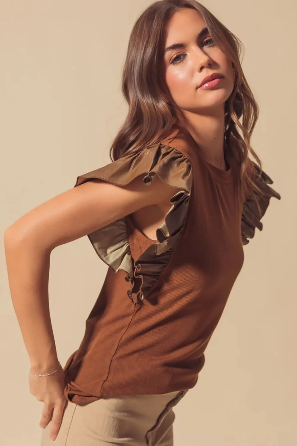 Cinnamon Leather Ruffle Sleeve Patchwork Round Neck Blouse sold by Beagle Boutique product image thumbnail 4