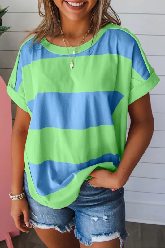 Blue Colorblock Rounded Hem Loose T Shirt sold by Beagle Boutique