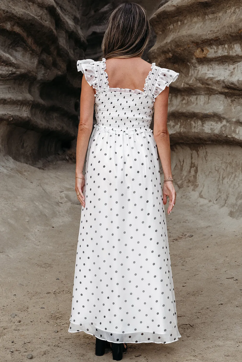 White Polka Dot Flutter Sleeve Square Neck Smocked Maxi Dress sold by Beagle Boutique product image thumbnail 5