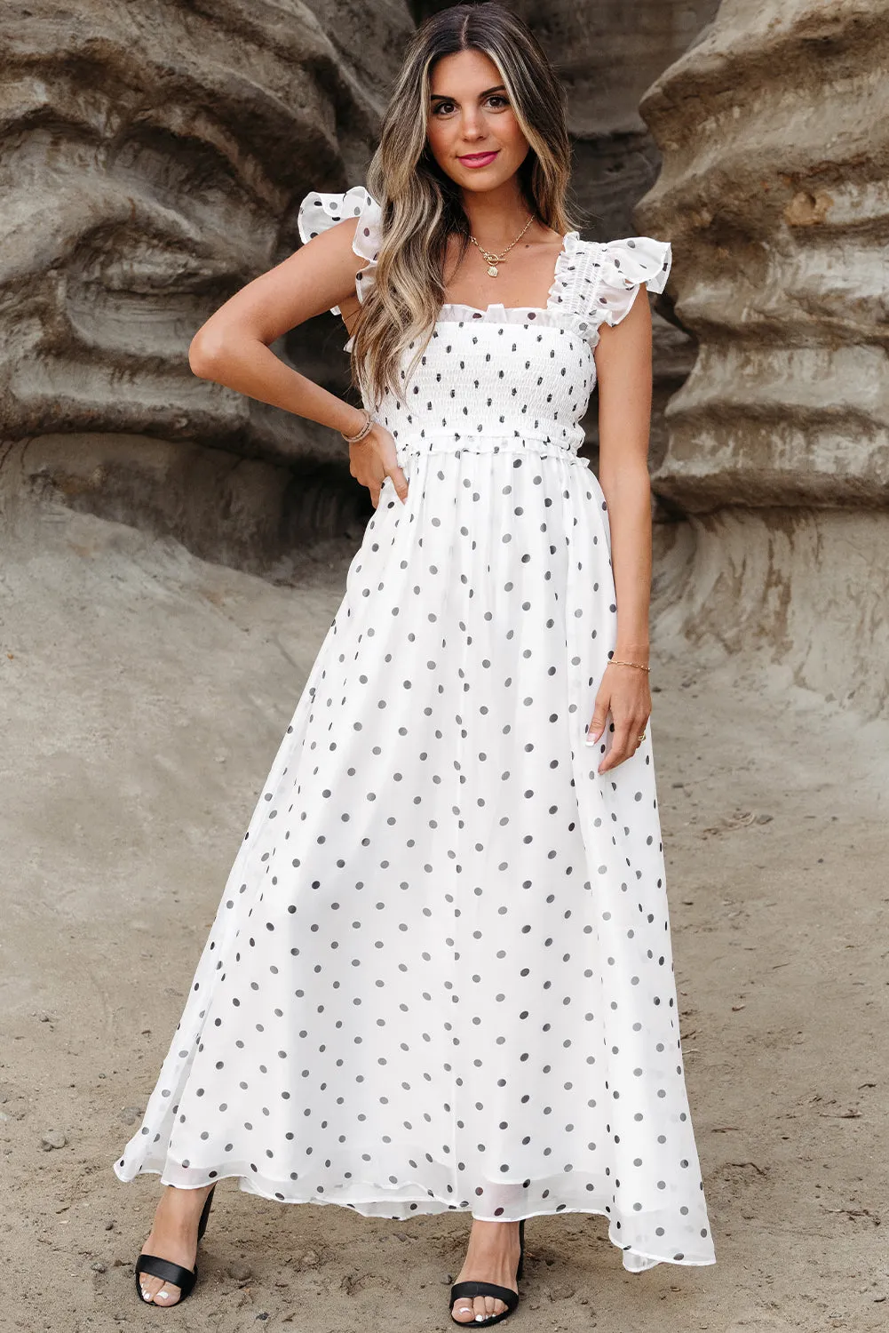 White Polka Dot Flutter Sleeve Square Neck Smocked Maxi Dress sold by Beagle Boutique
