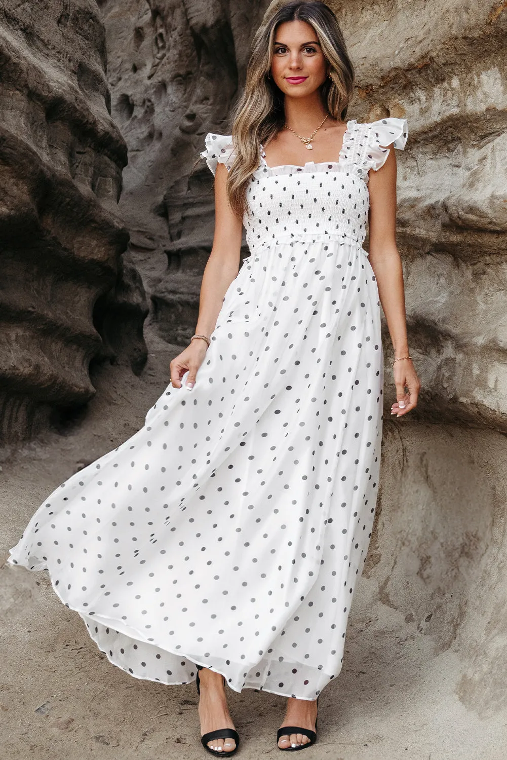 White Polka Dot Flutter Sleeve Square Neck Smocked Maxi Dress sold by Beagle Boutique product image thumbnail 4