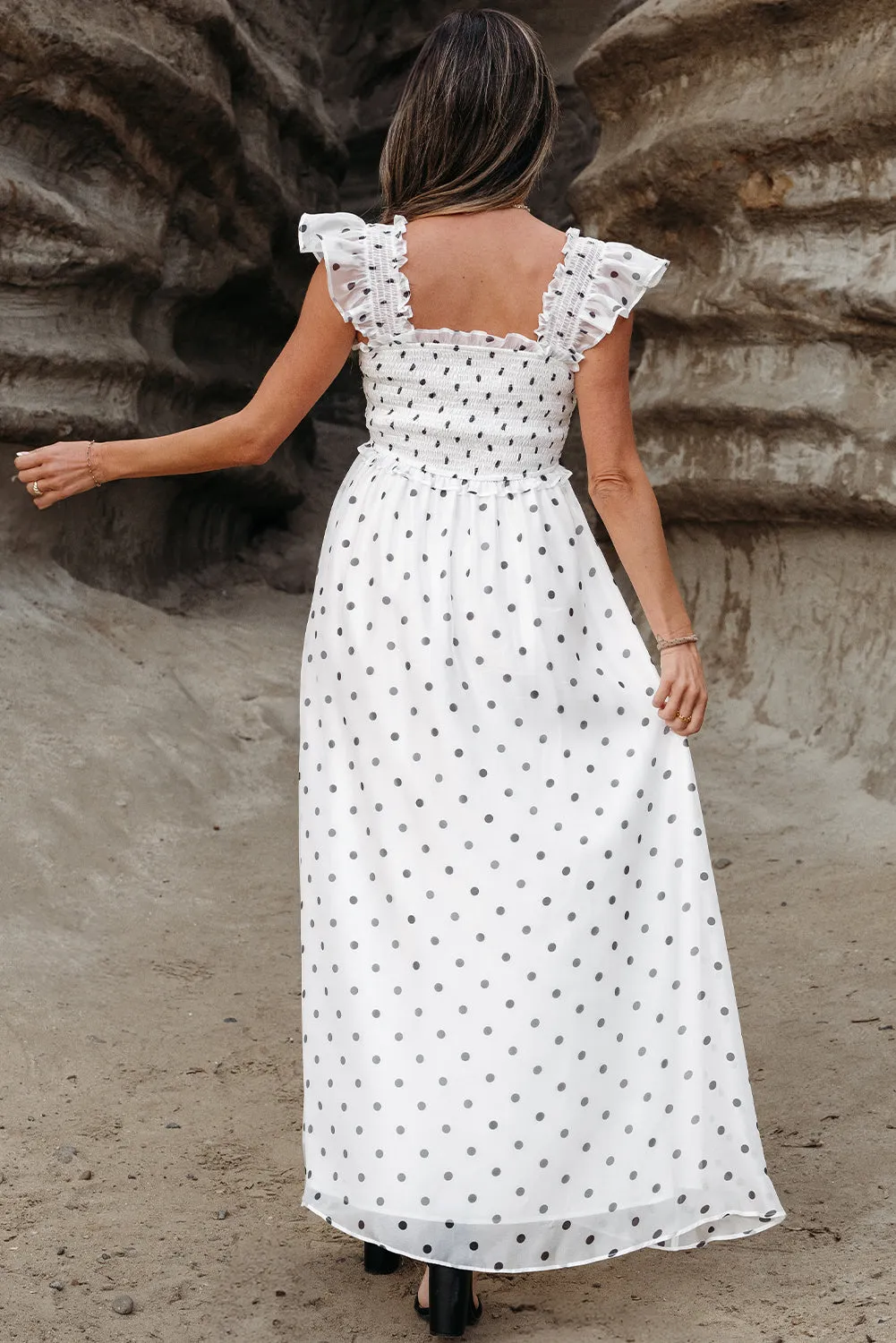 White Polka Dot Flutter Sleeve Square Neck Smocked Maxi Dress sold by Beagle Boutique product image thumbnail 2
