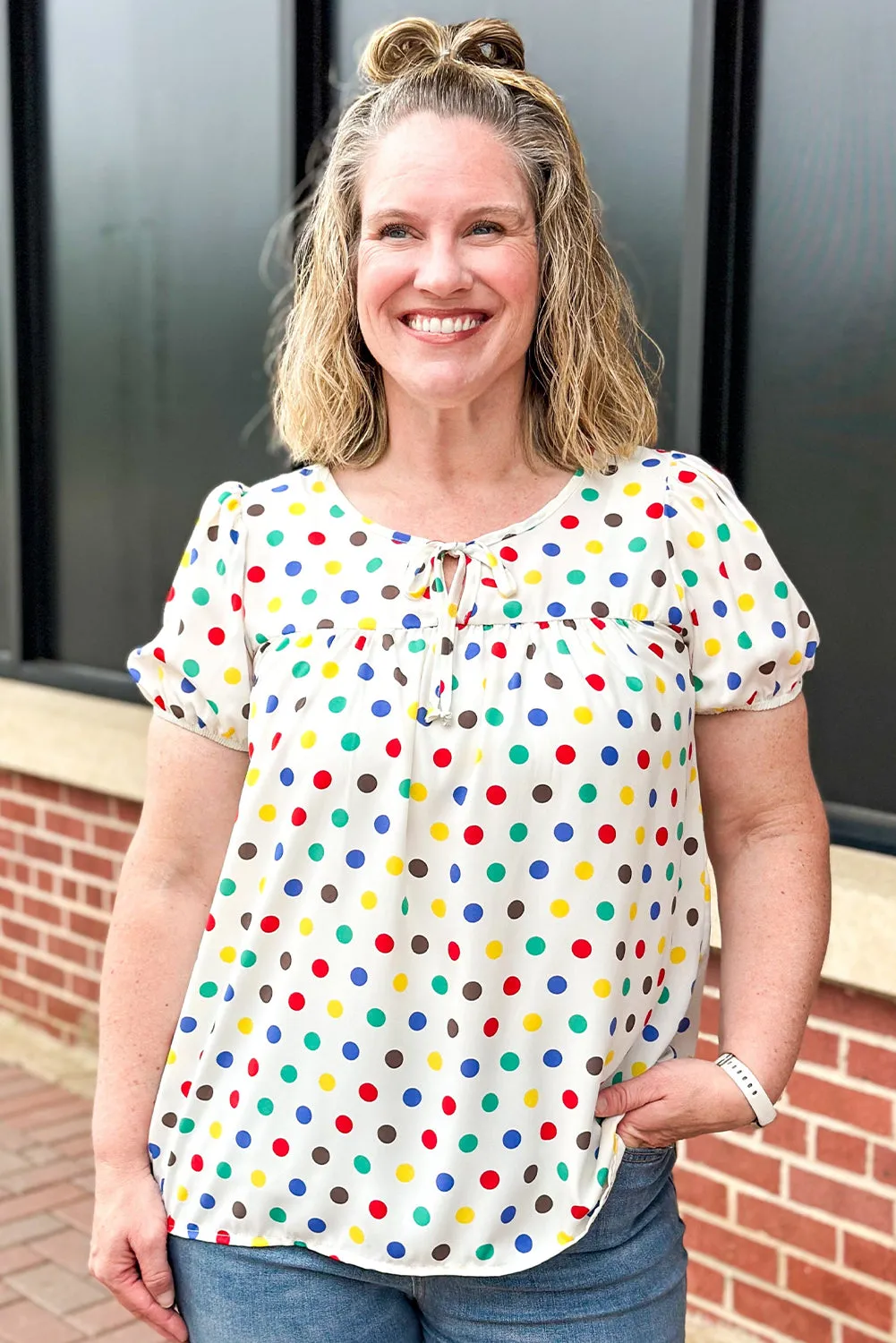 Apricot Plus Size Colourful Polka Dots Tie Neck Puff Sleeve Blouse sold by Beagle Boutique product image thumbnail 3
