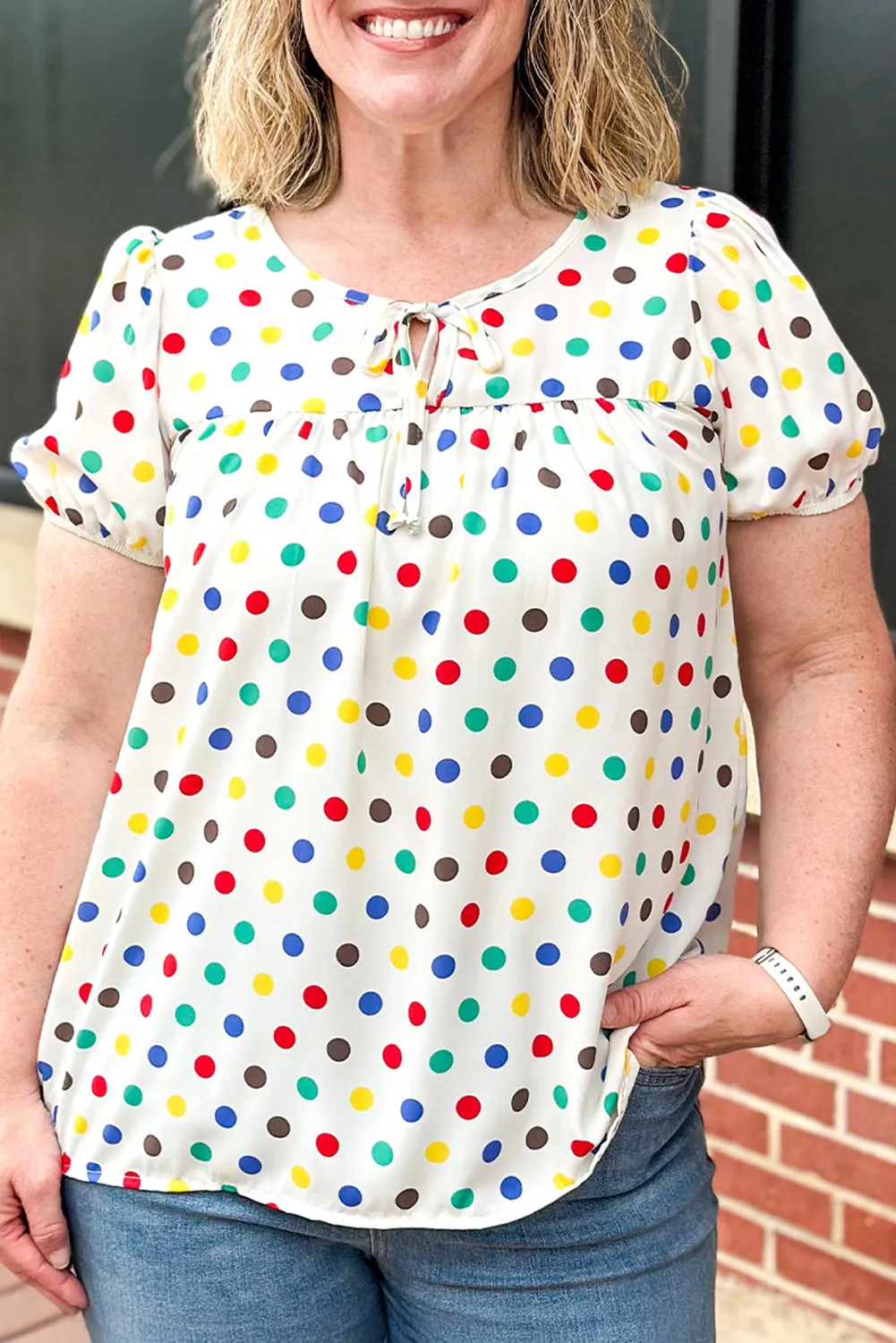Apricot Plus Size Colourful Polka Dots Tie Neck Puff Sleeve Blouse sold by Beagle Boutique