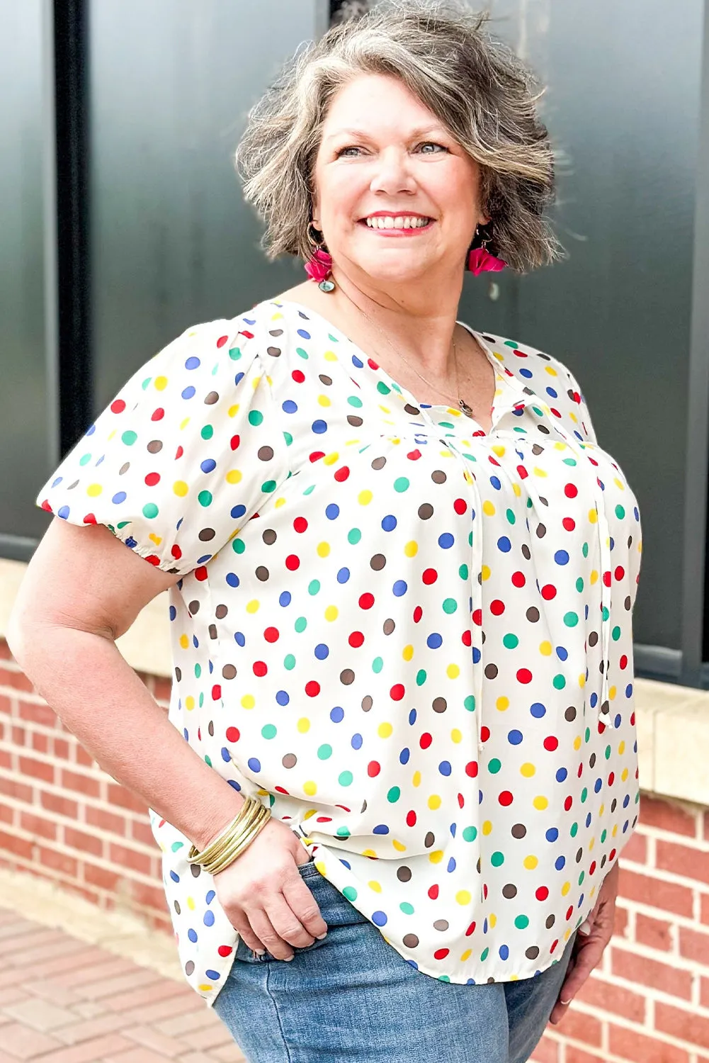 Apricot Plus Size Colourful Polka Dots Tie Neck Puff Sleeve Blouse sold by Beagle Boutique product image thumbnail 2