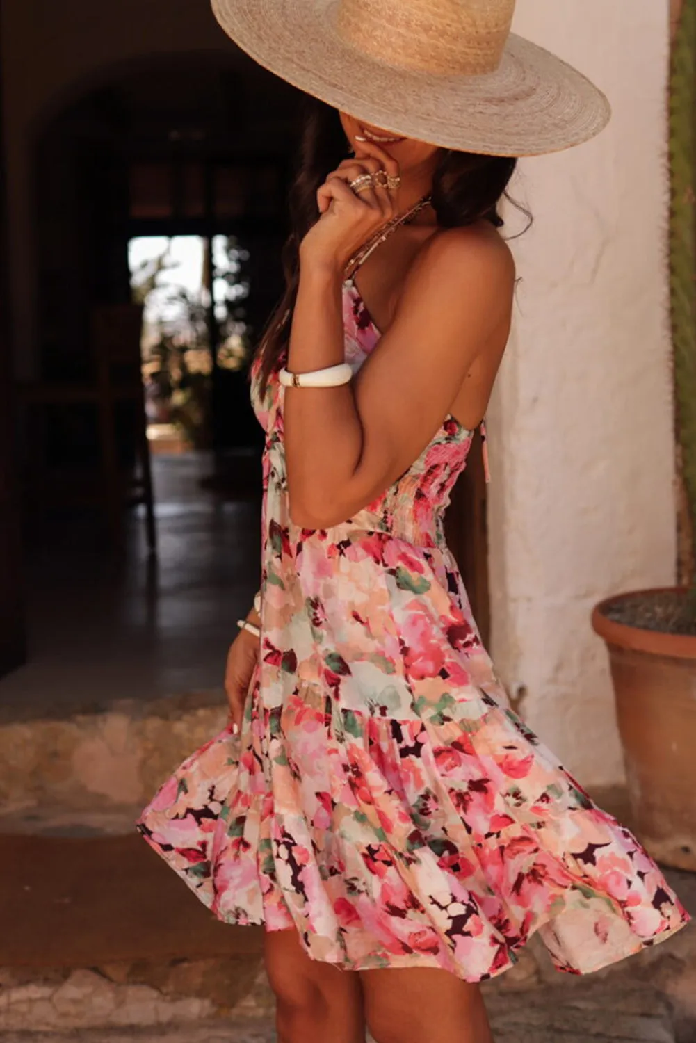 Pink Floral Sleeveless Halter Neck Shirred Back Ruffled Mini Dress sold by Beagle Boutique product image thumbnail 2