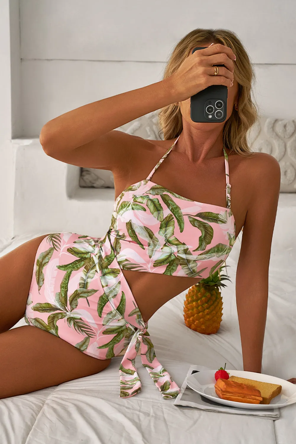 Pink Tropical Asymmetric Cut out Halter Backless One Piece Swimwear sold by Beagle Boutique product image thumbnail 5