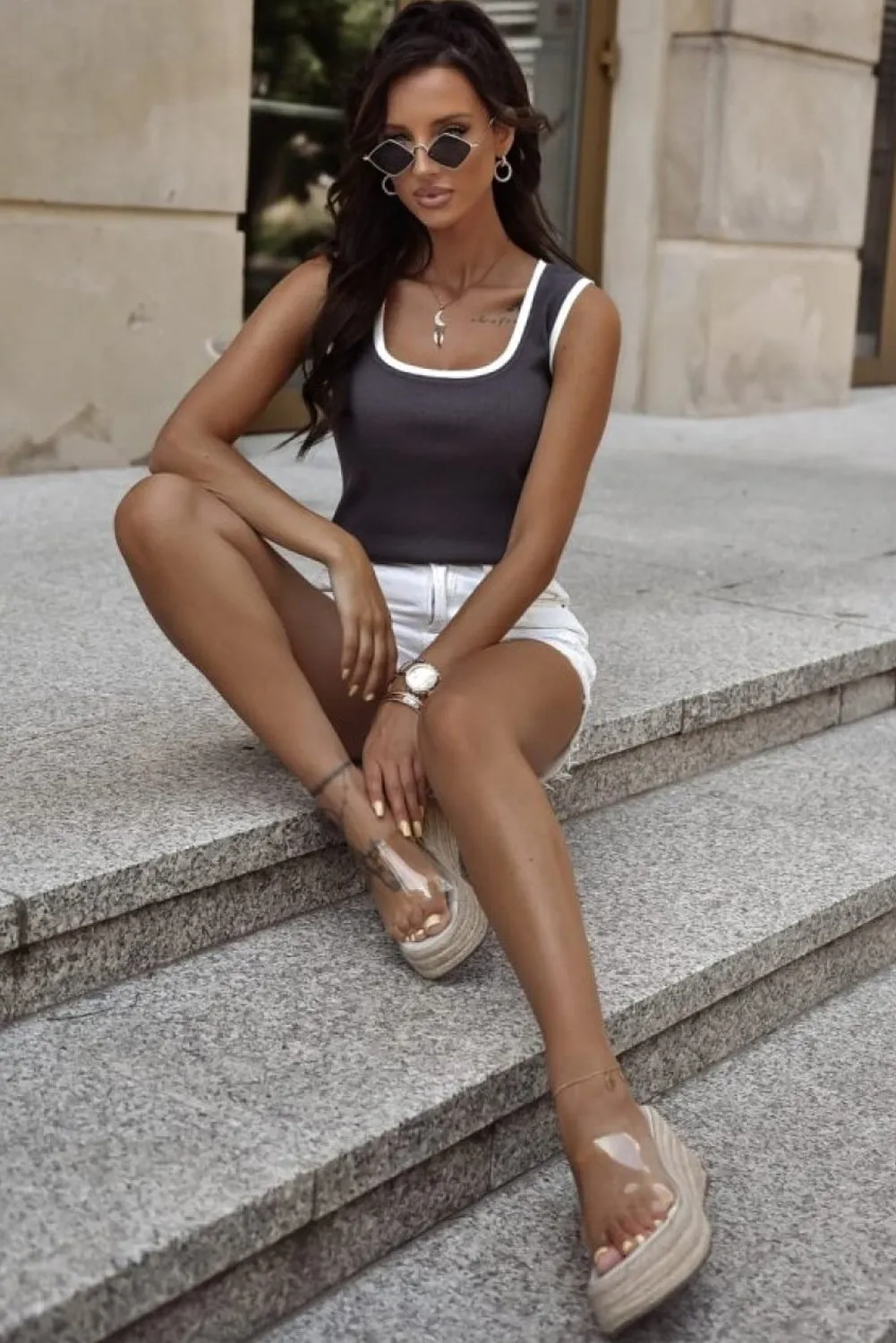 Carbon Grey Ribbed Knit Colourblock Edge U Neck Slim Fit Tank Top sold by Beagle Boutique product image thumbnail 5