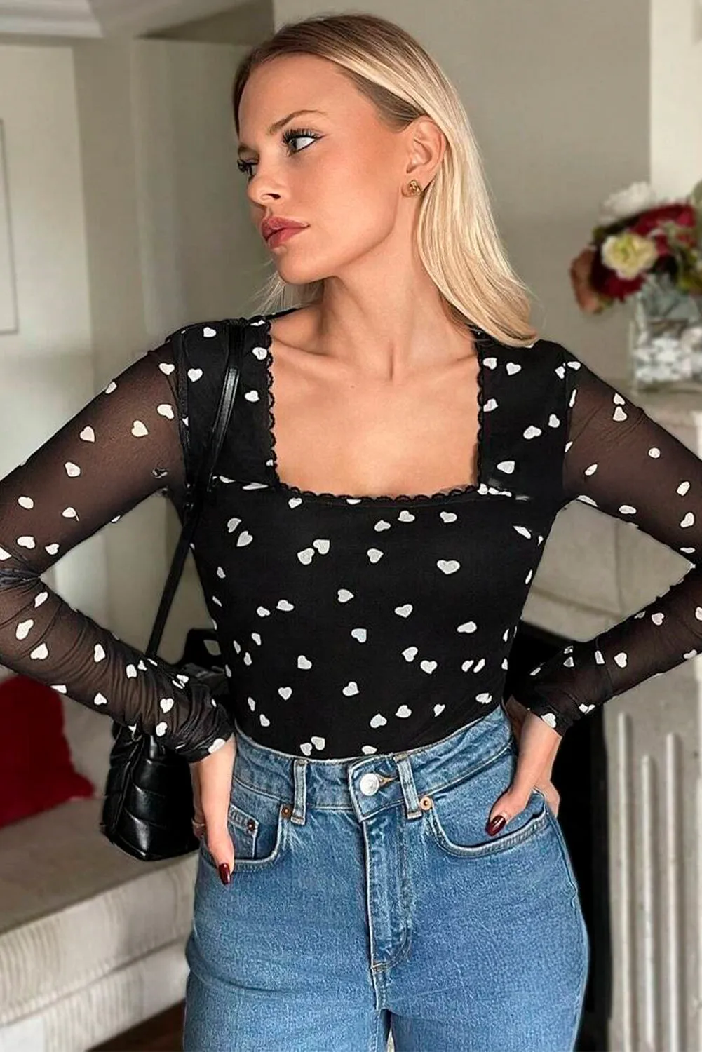 Black Heart Shape Mesh Patchwork Square Neck Bodysuit sold by Beagle Boutique product image thumbnail 4