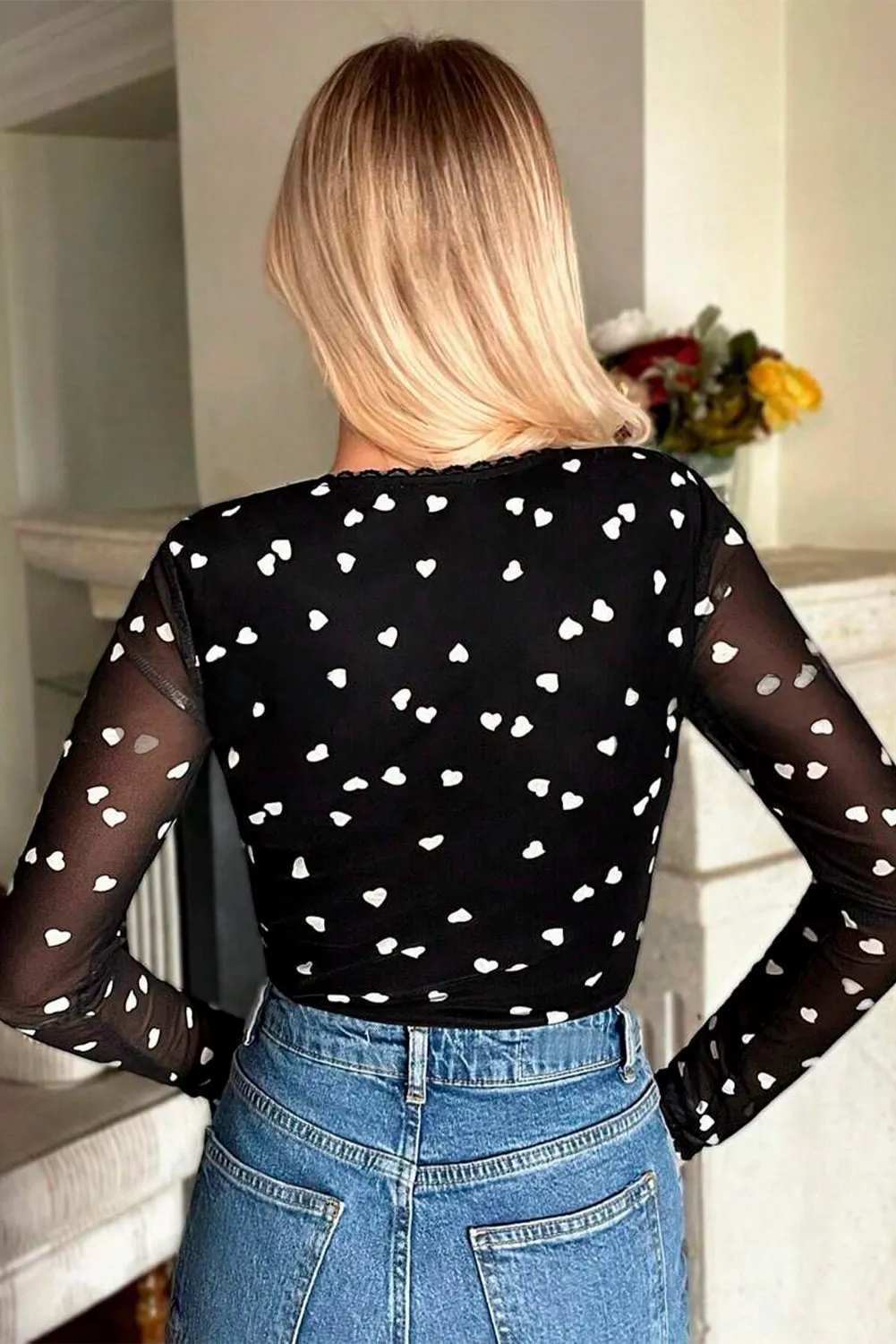 Black Heart Shape Mesh Patchwork Square Neck Bodysuit sold by Beagle Boutique product image thumbnail 2