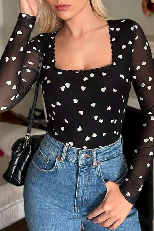 Black Heart Shape Mesh Patchwork Square Neck Bodysuit sold by Beagle Boutique