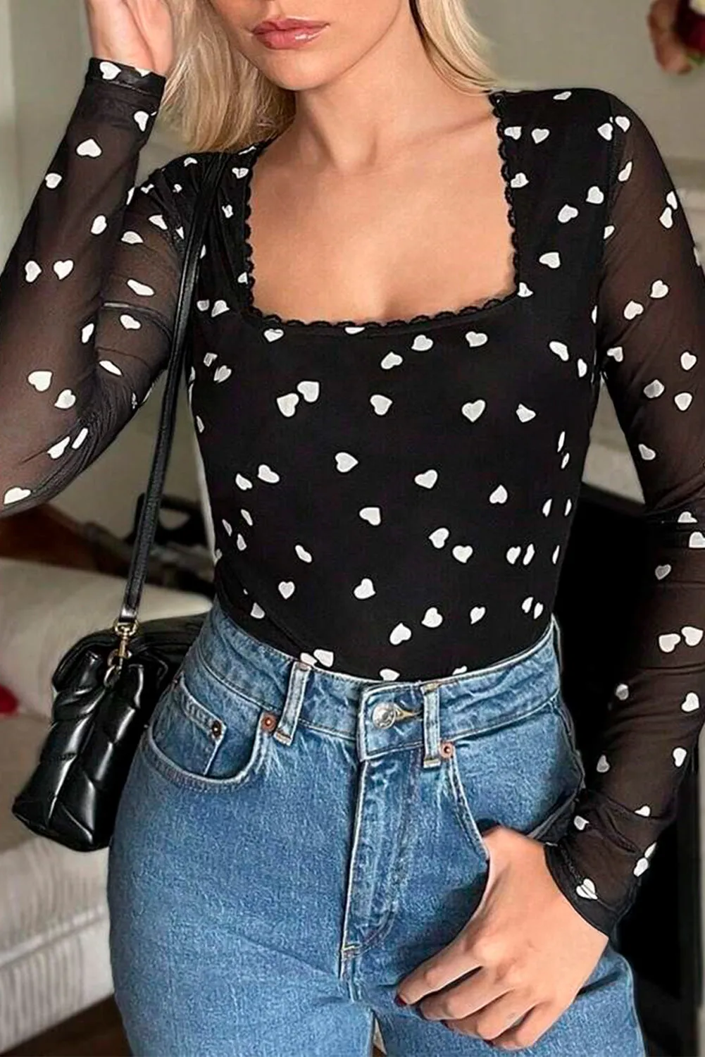 Black Heart Shape Mesh Patchwork Square Neck Bodysuit sold by Beagle Boutique