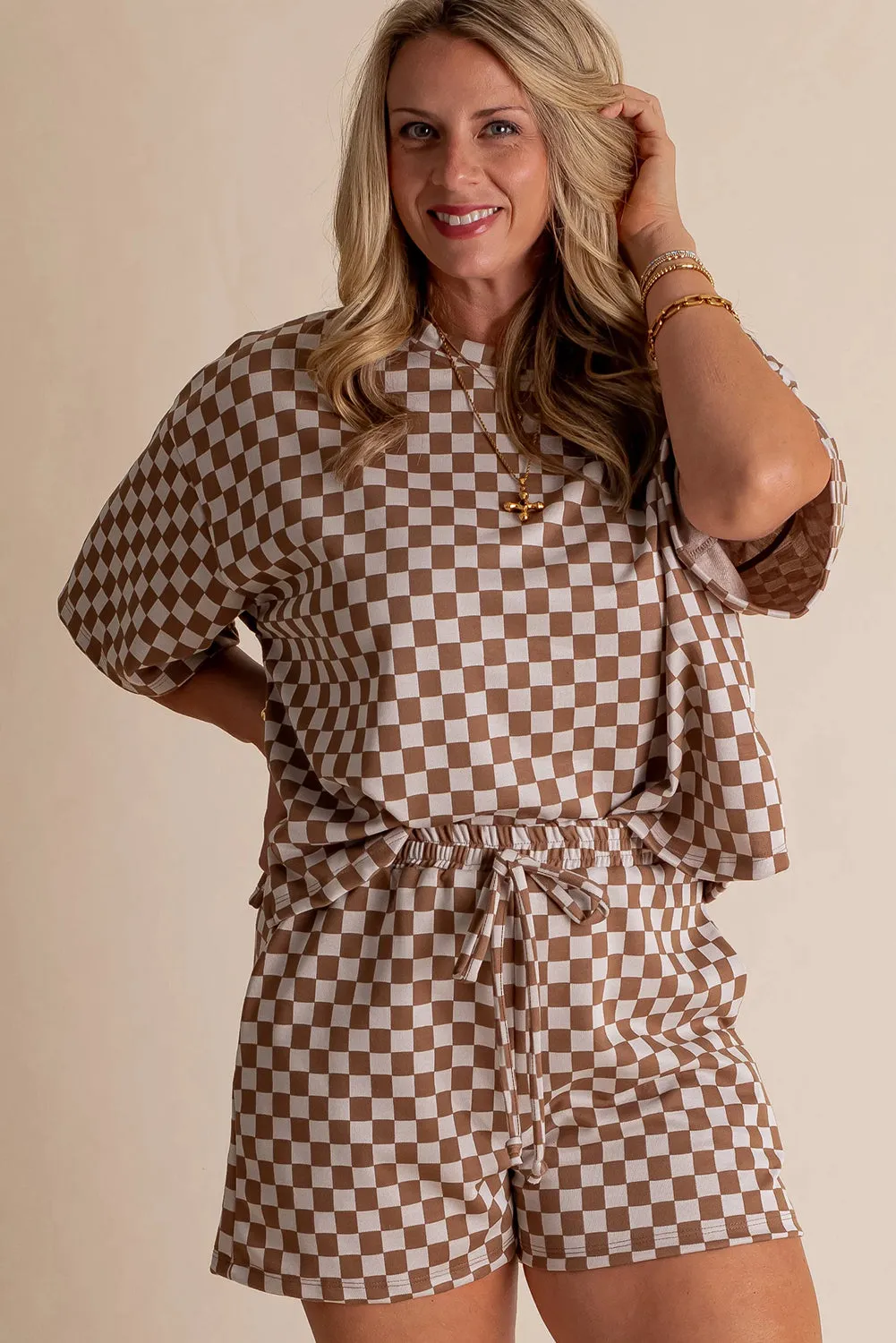 Brown Plus Size Checkerboard Print Side Slim Tee Shorts Set sold by Beagle Boutique product image thumbnail 4
