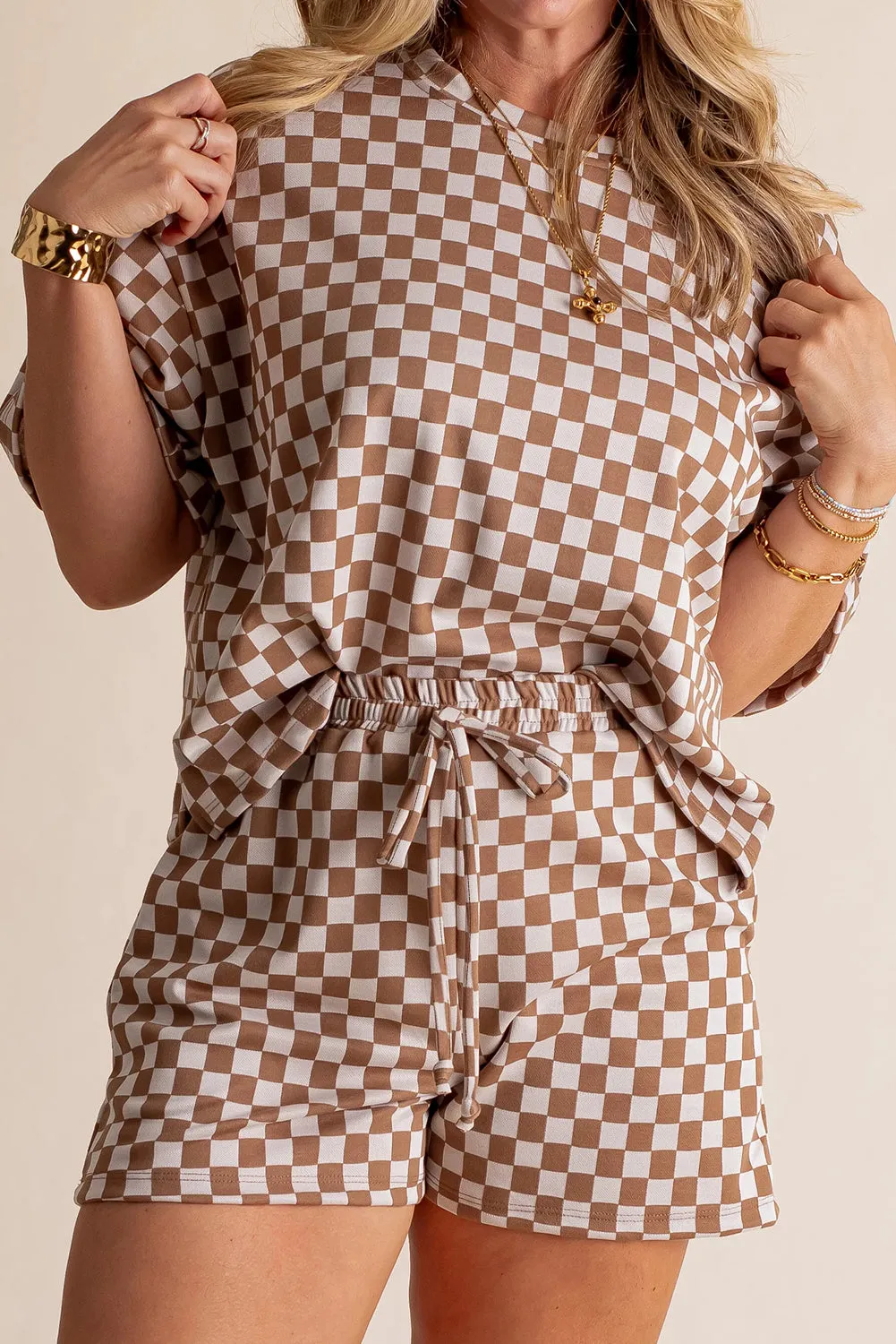 Brown Plus Size Checkerboard Print Side Slim Tee Shorts Set sold by Beagle Boutique