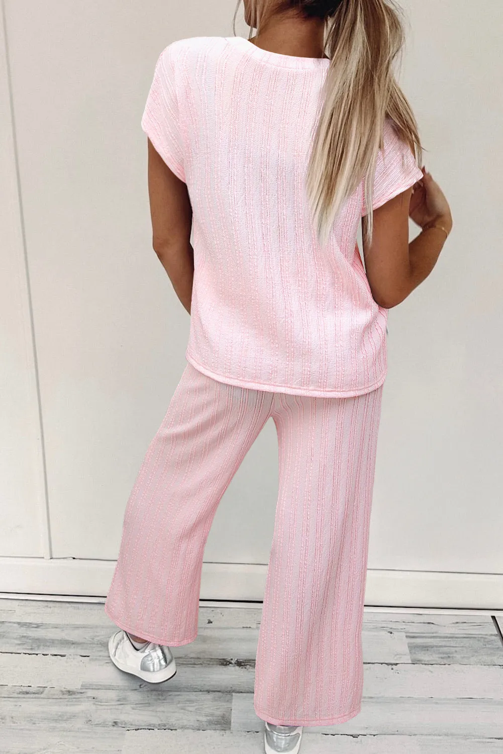 Light Pink Textured Short Sleeve Henley Top and Pocketed Wide Leg Trousers sold by Beagle Boutique product image thumbnail 2