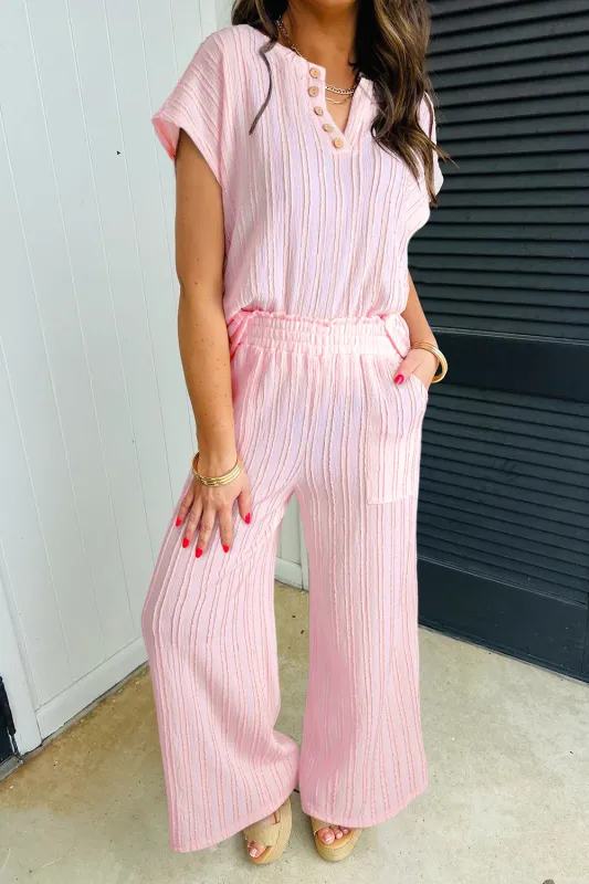 Light Pink Textured Short Sleeve Henley Top and Pocketed Wide Leg Pants sold by Beagle Boutique