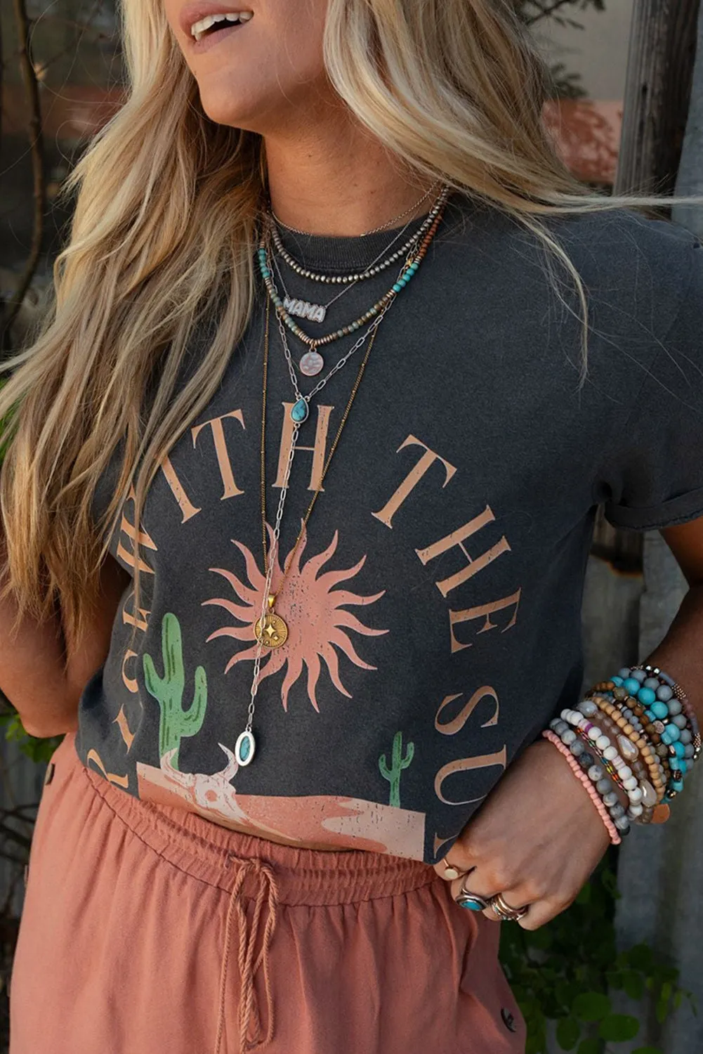 Dark Grey RISE WITH THE SUN Western Fashion Graphic Tee sold by Beagle Boutique