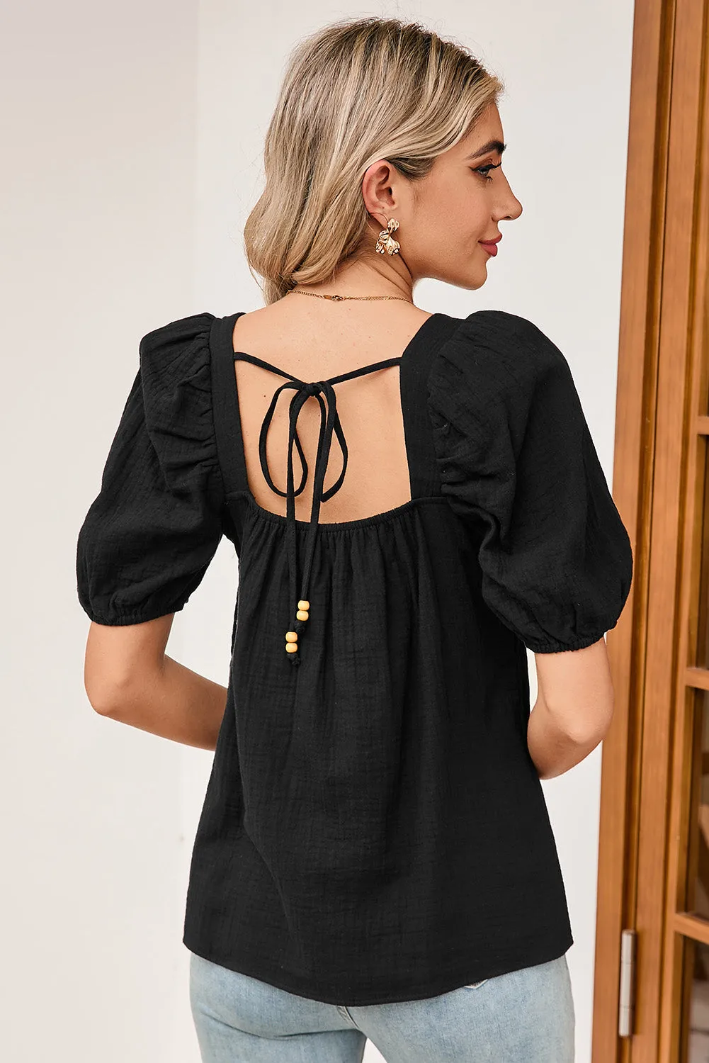 Black Crochet Square Neck Crinkled Blouse sold by Beagle Boutique product image thumbnail 2