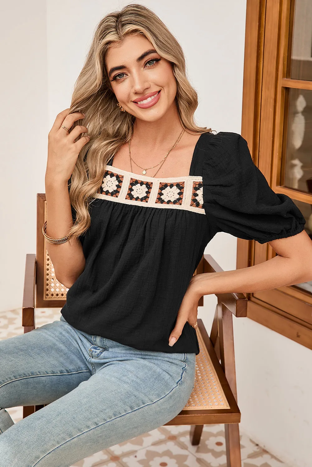 Black Crochet Square Neck Crinkled Blouse sold by Beagle Boutique product image thumbnail 3