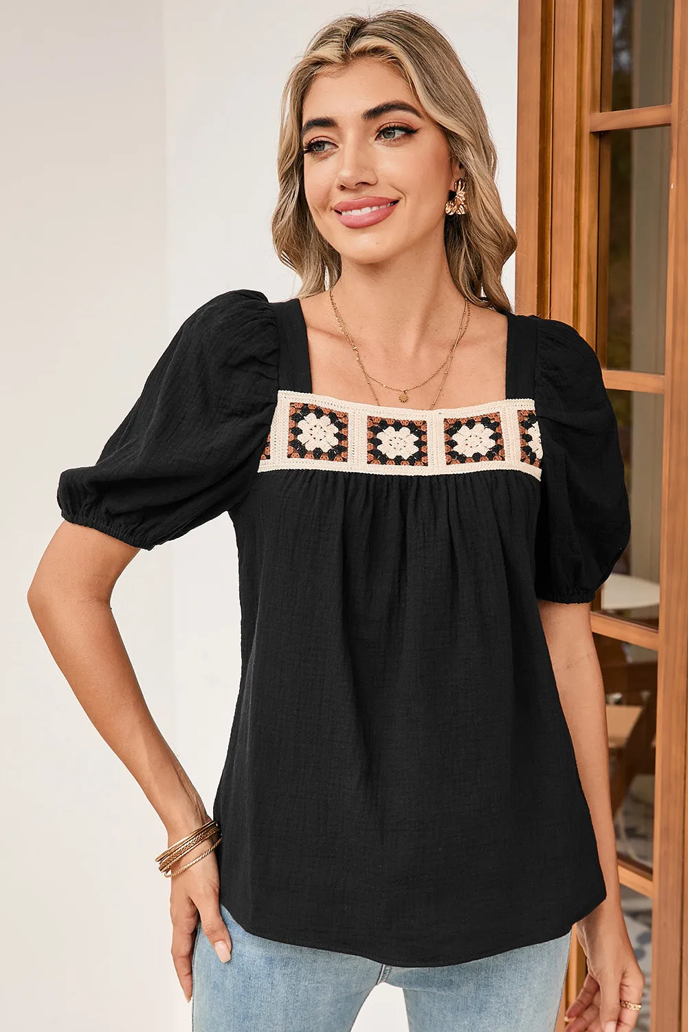 Black Crochet Square Neck Crinkled Blouse sold by Beagle Boutique product image thumbnail 4