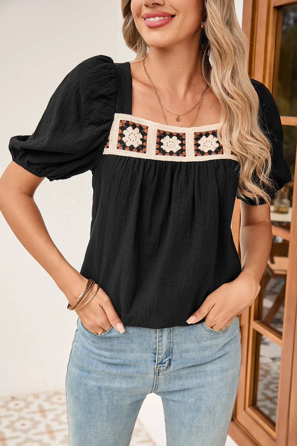 Black Crochet Square Neck Crinkled Blouse sold by Beagle Boutique