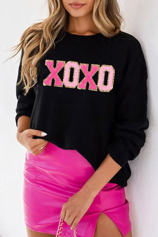 White XOXO Chenille Letter Round Neck Casual Sweater sold by Beagle Boutique