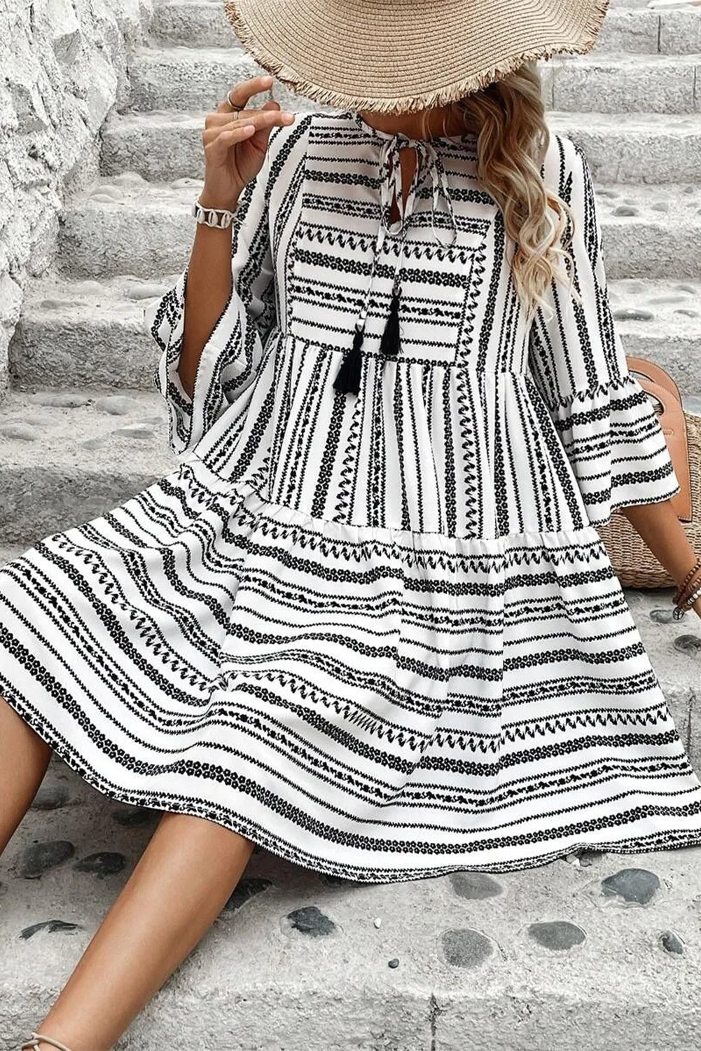 Black Stripe V Neck Bell Sleeve High Waist Mini Dress sold by Beagle Boutique product image thumbnail 3