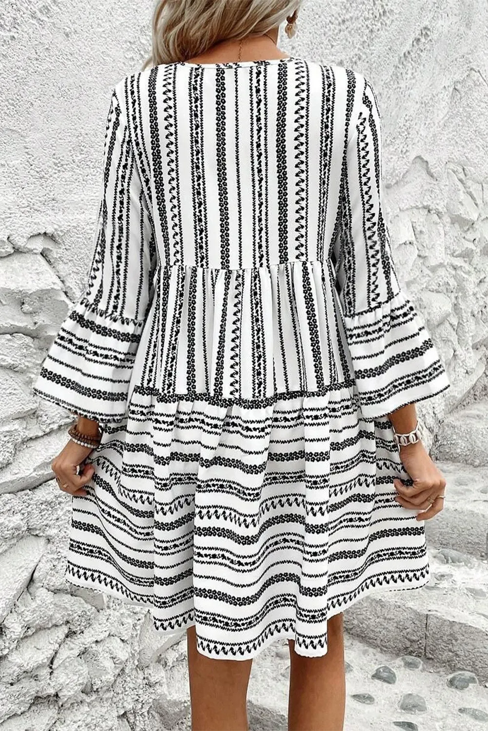 Black Stripe V Neck Bell Sleeve High Waist Mini Dress sold by Beagle Boutique product image thumbnail 2