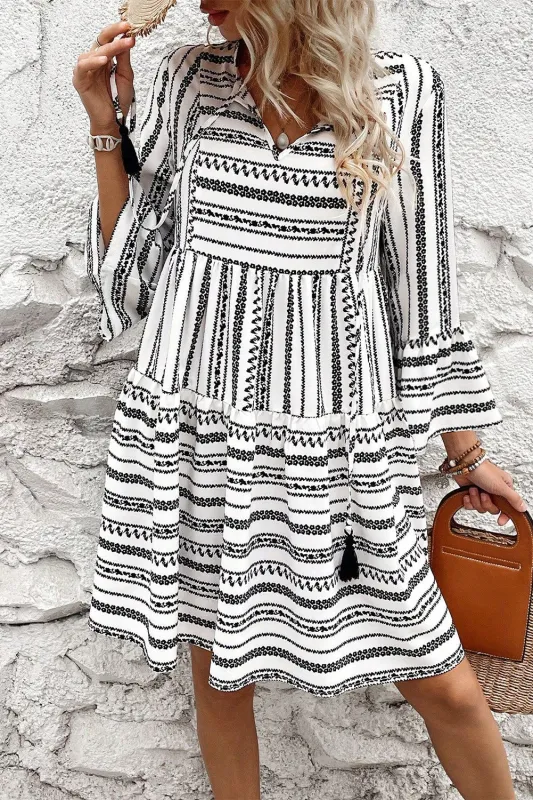 Black Stripe V Neck Bell Sleeve High Waist Mini Dress sold by Beagle Boutique