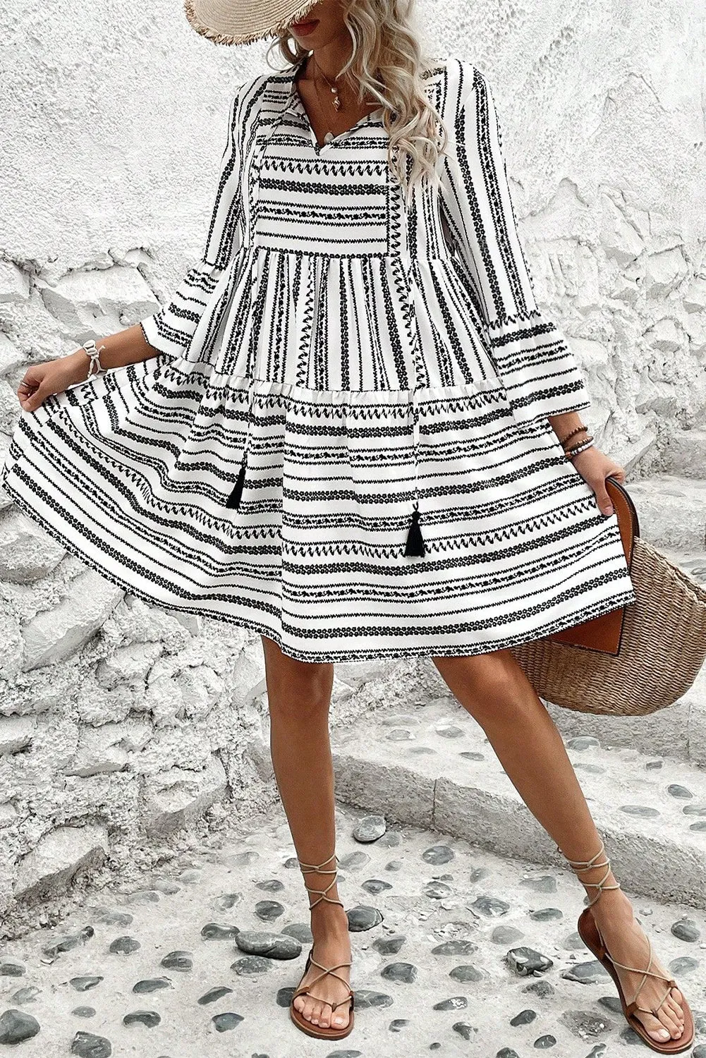 Black Stripe V Neck Bell Sleeve High Waist Mini Dress sold by Beagle Boutique product image thumbnail 4