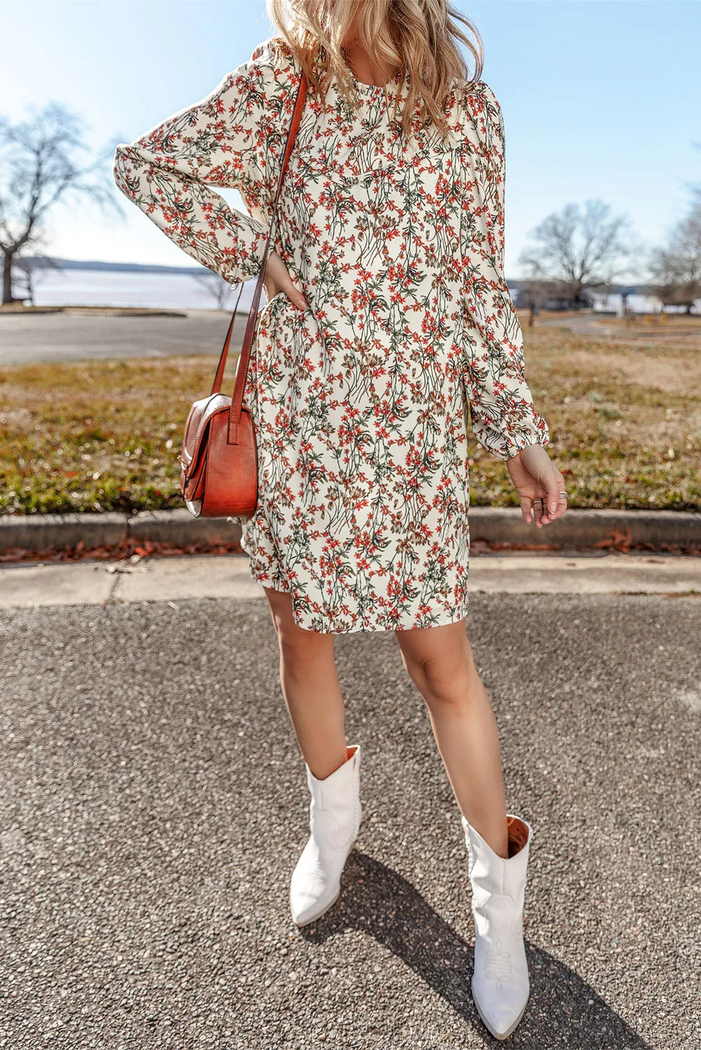 White Floral Printed Long Sleeve Mini Dress sold by Beagle Boutique product image thumbnail 5